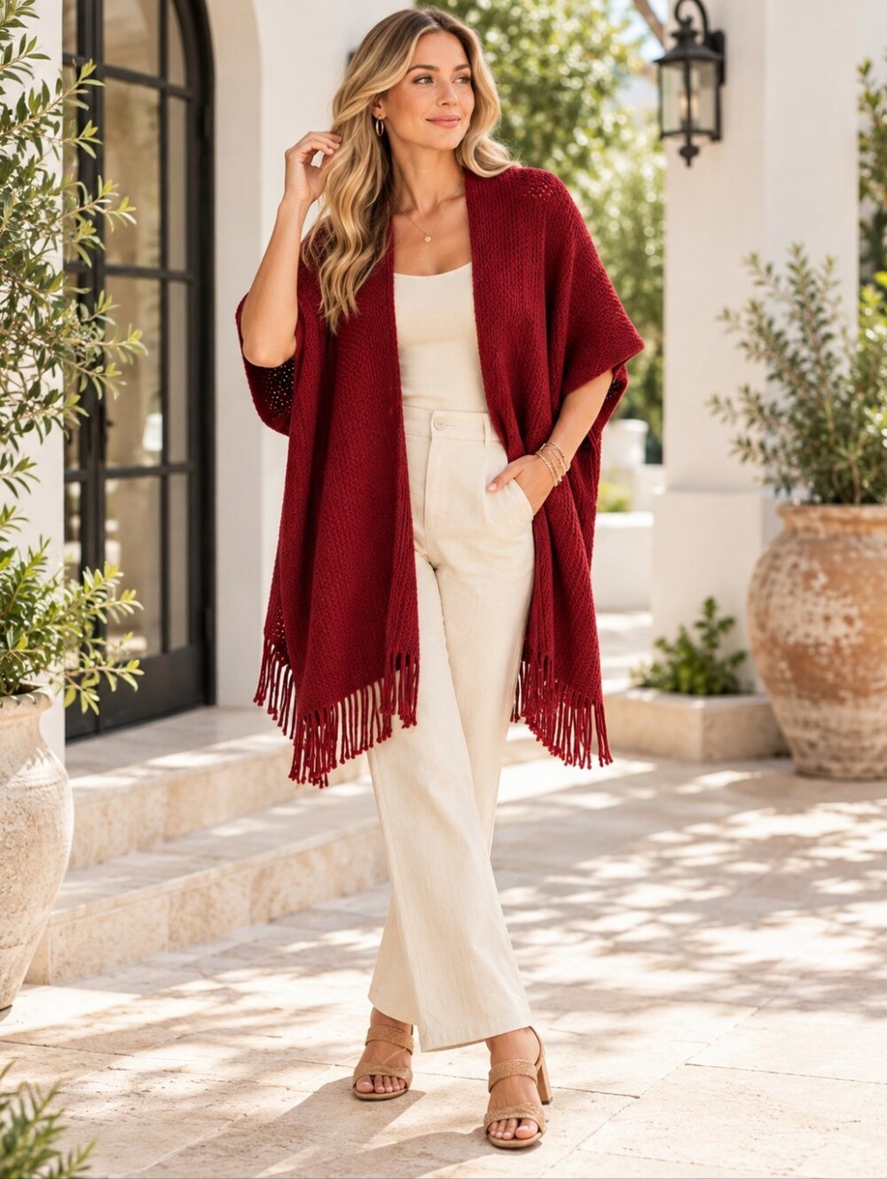 Steve Madden Brick Red Oversized Knit Cardigan with Fringe